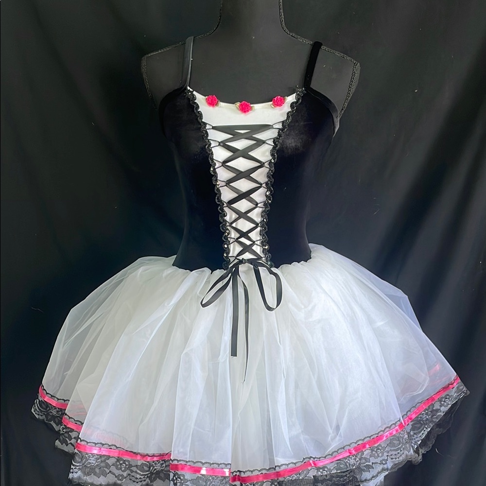 Black and White Dance Costume with Tulle Skirt and Lace-Up Bodice